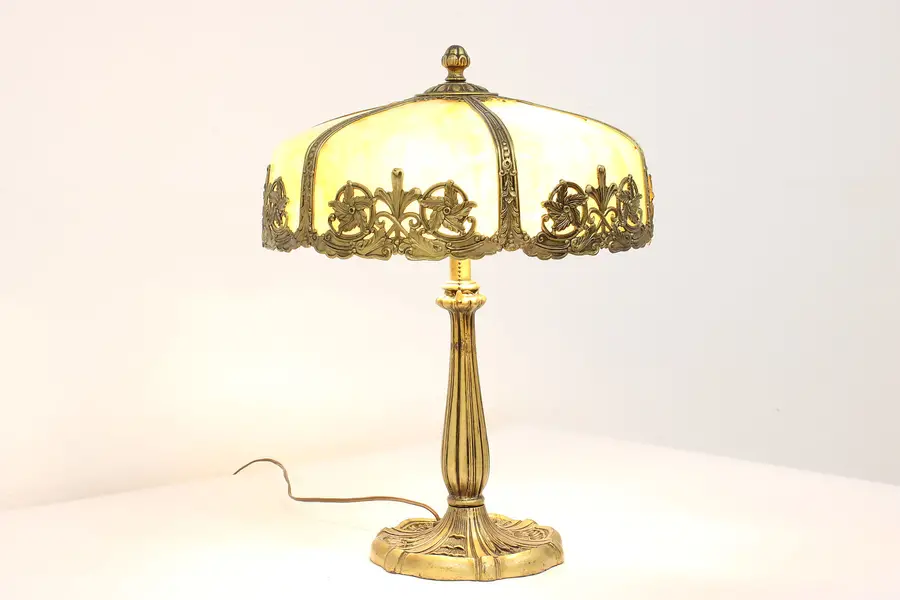 Photo of Stained Glass 6 Curved Panel Shade Antique Office or Library Desk Lamp