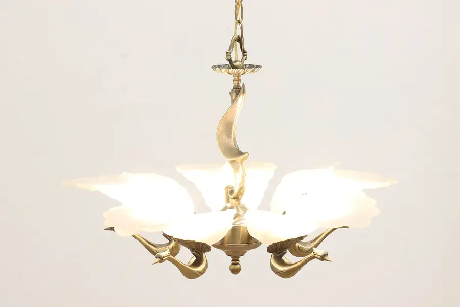 Photo of Art Deco Vintage Frosted Glass Shade 5 Light Chandelier, Peacocks