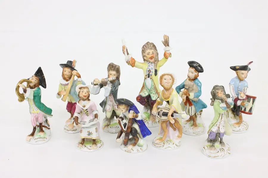 Photo of Set of 10 Antique Hand Painted Porcelain Monkey Band Figurines, Dresden