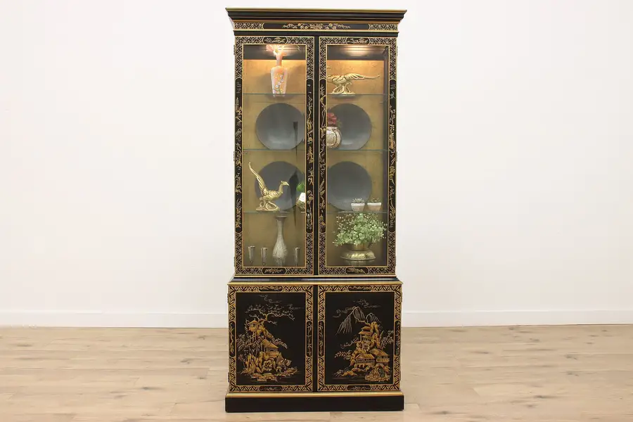 Photo of Chinese Lacquer Vintage China or Display Cabinet, Lighted, Drexel