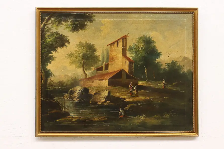 Photo of Old Stone House and River Landscape Antique Original Oil Painting 29.5"