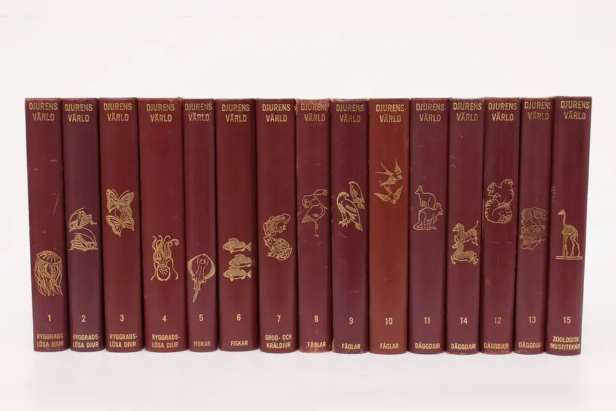 Photo of Set of 15 Leatherbound & Gold Tooled Danish Animal Encyclopedia Books
