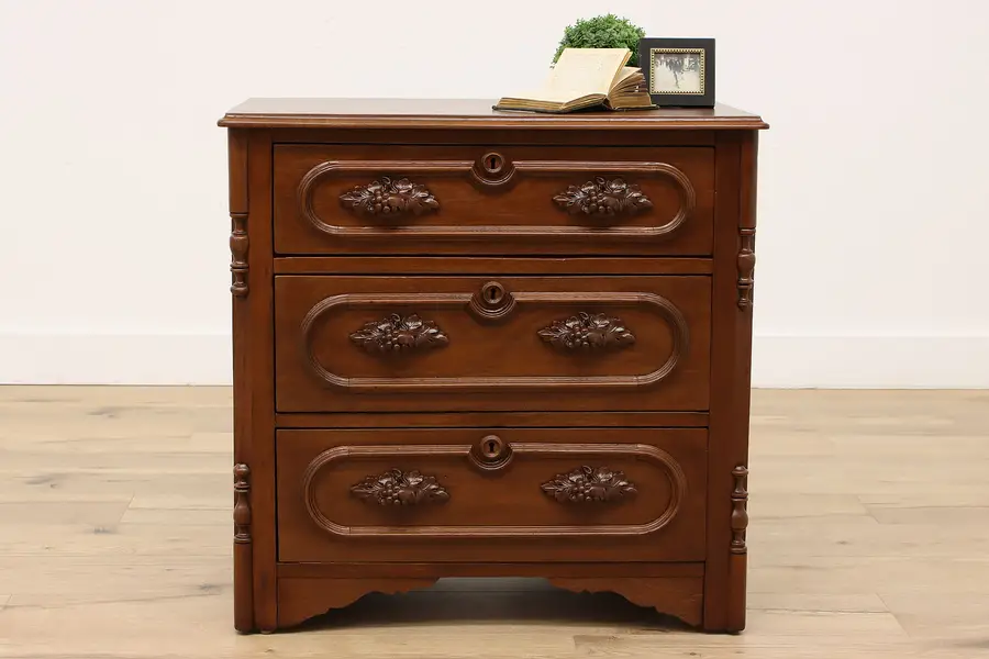 Photo of Victorian Antique Walnut Dresser, Chest or Nightstand, Grape Pulls