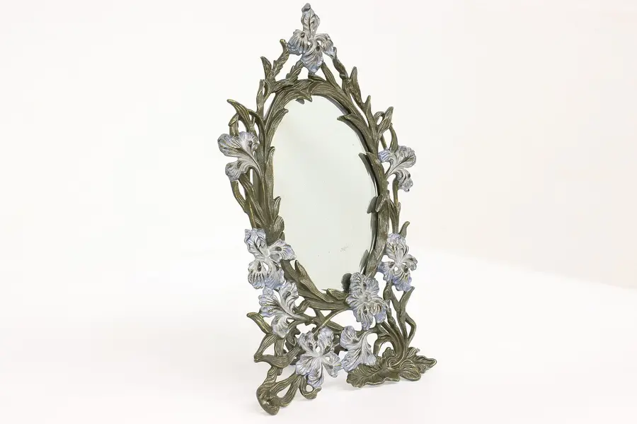Photo of Art Nouveau Antique Cast Iron & Painted Floral Tabletop Mirror