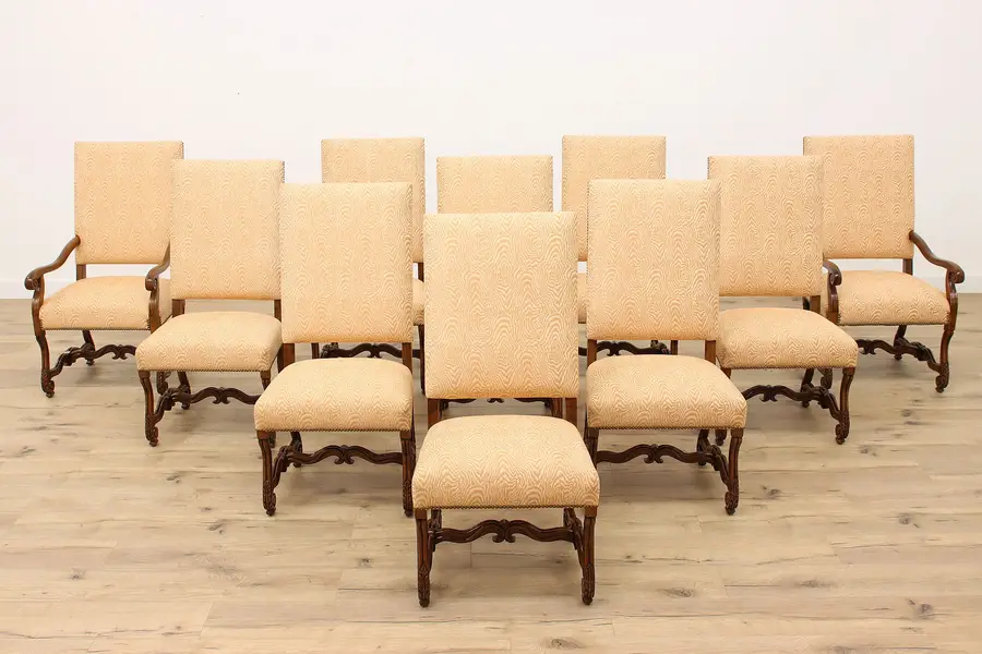 Photo of Set of 10 Country French Vintage Carved Dining Chairs, Brass Nailheads