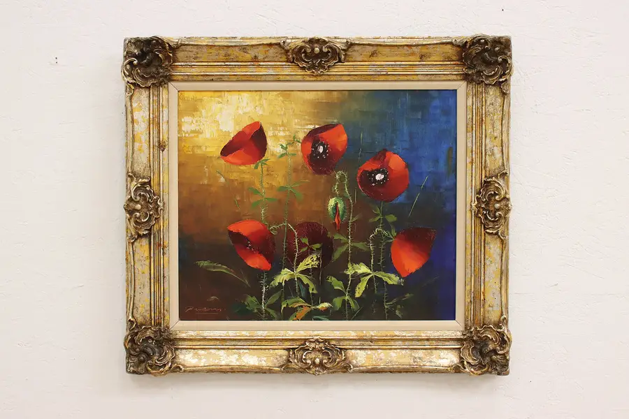 Photo of Red Poppies Vintage Original Oil Painting, Bardoni 33"