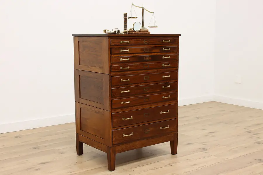 Photo of Oak Stacking Antique 9 Drawer Office Collector Map Chest File Cabinet