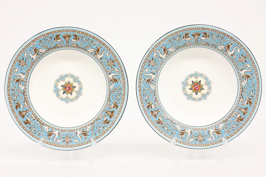 Photo of Pair of Turquoise Florentine China Vintage 8" Dinner Bowls