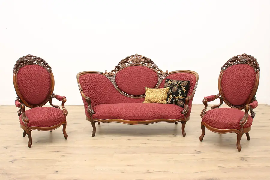 Photo of Victorian Carved Rosewood Antique 3pc Sofa & Chairs Set