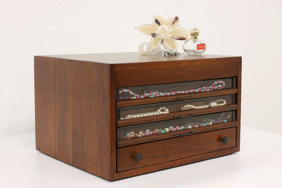 Photo of Farmhouse Oak & Glass Antique Spool Cabinet, Jewelry or Collector Chest