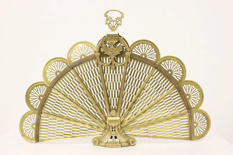Photo of Victorian Design Vintage Peacock Fan Brass Fireplace Screen