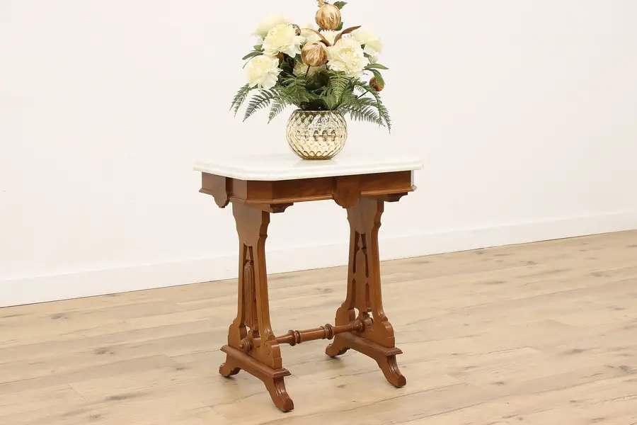 Photo of Victorian Eastlake Antique Carved Walnut Marble Top Lamp or Parlor Table