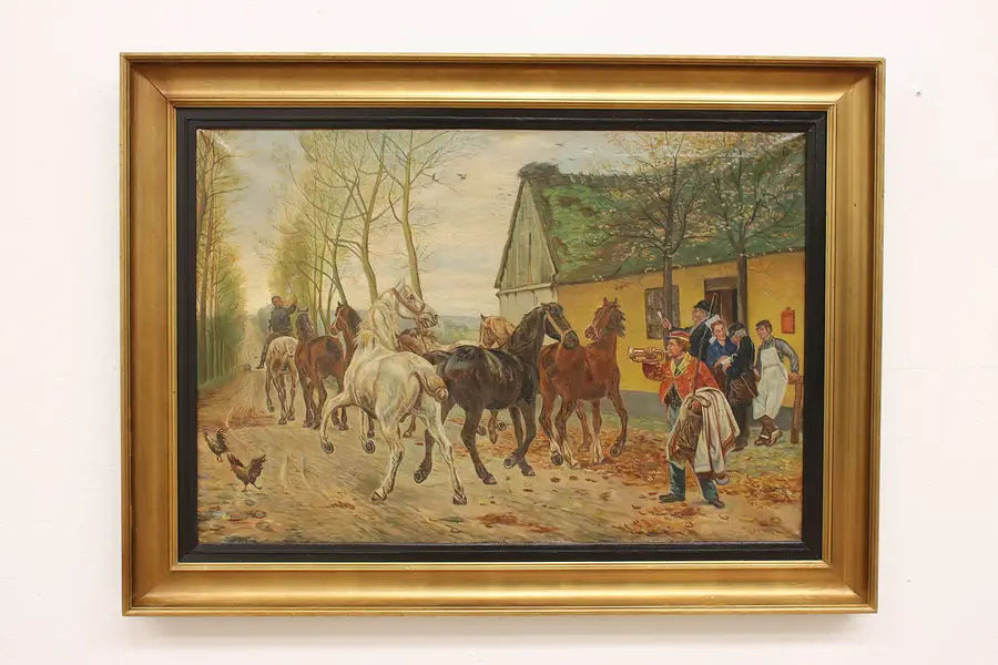 Photo of Horses at Auction Antique Original Oil Painting, Bache 53.5"
