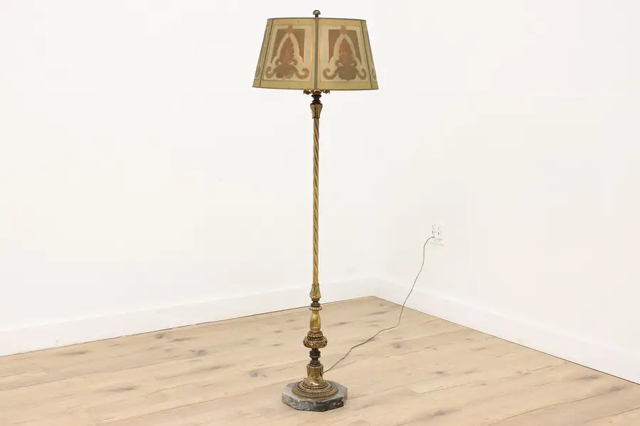 Photo of Brass Antique Floor Lamp, Painted Screen Shade, Marble Base