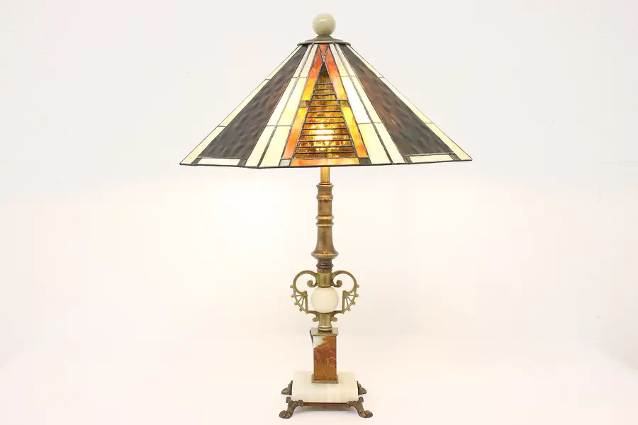 Photo of Art Deco Antique Stained Glass Office or Library Lamp, Onyx Base