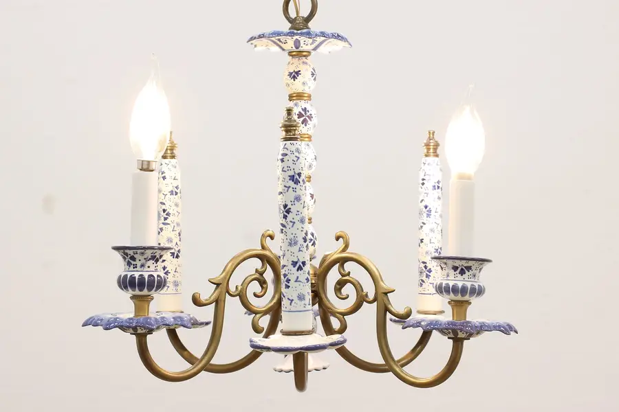 Photo of Traditional Vintage Dutch Blue Delft China & Brass Chandelier