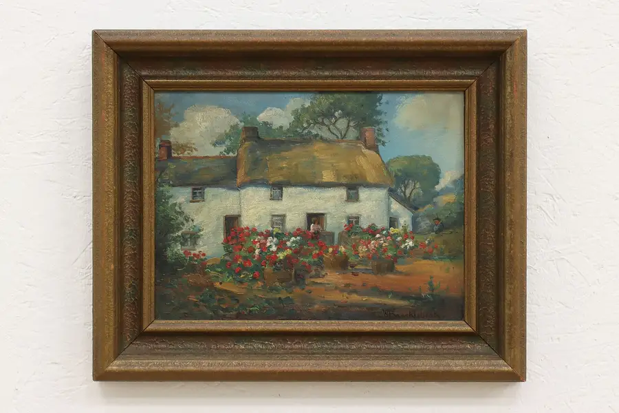 Photo of Thatched Cottage & Garden Antique Original Oil Painting Brocklebank 21.5"