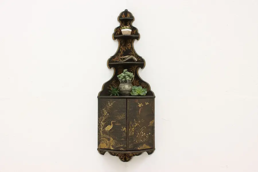 Photo of Victorian Antique Hand Painted Chinoiserie Lacquer Wall Corner Cabinet