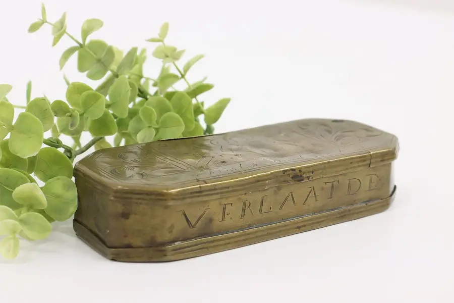 Photo of Dutch Antique Brass Tobacco or Jewelry Box, Engraved Religious Motifs