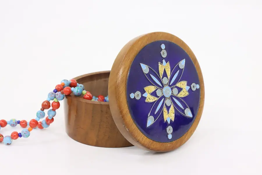 Photo of Cloisonne Enamel Vintage Walnut Trinket or Jewelry Box