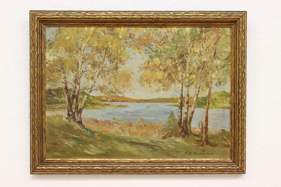 Photo of Autumn Lake & Marsh Antique Original Oil Painting, Heubacher 21"