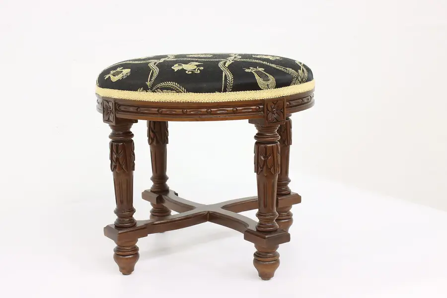 Photo of Neoclassic Antique Carved Walnut Footstool, New Upholstery