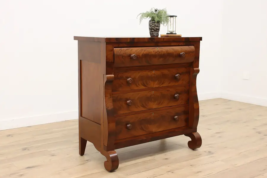 Photo of Empire Antique 1840s Flame Grain Mahogany Chest of Drawers or Dresser