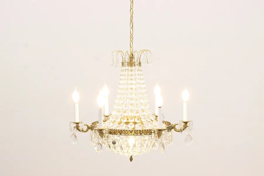 Photo of Swedish Vintage 6 Candle Brass Chandelier Crystal Prisms