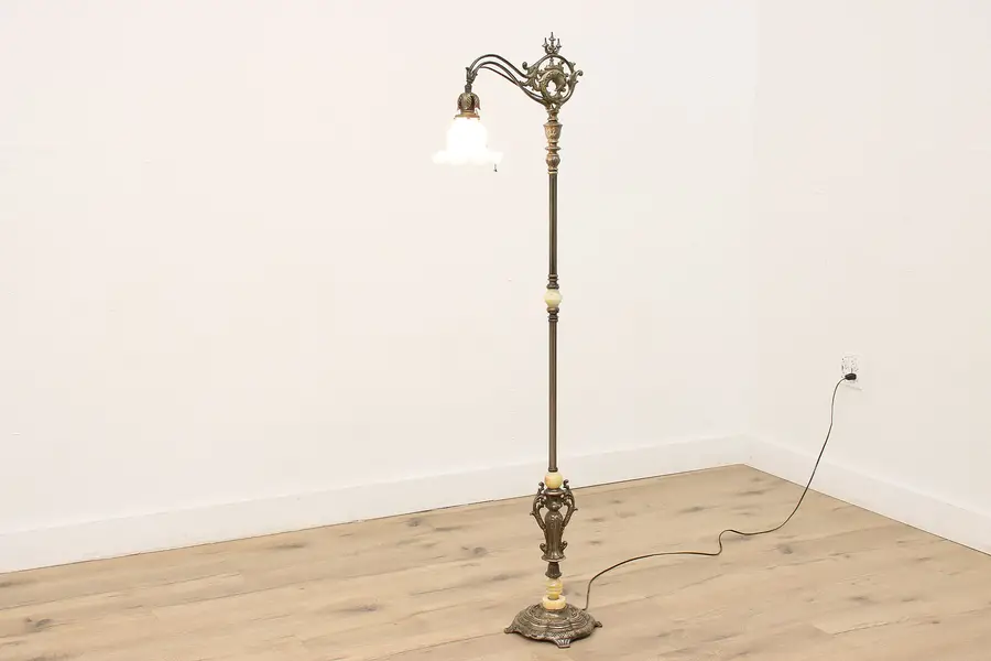 Photo of Victorian Antique Floor Reading or Bridge Lamp, Swivel Shade, Dolphin