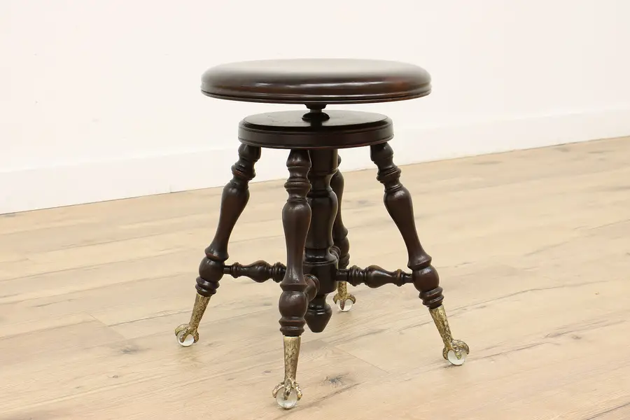 Photo of Victorian Antique Adjustable Swivel Piano or Organ Stool, Glass Ball Feet