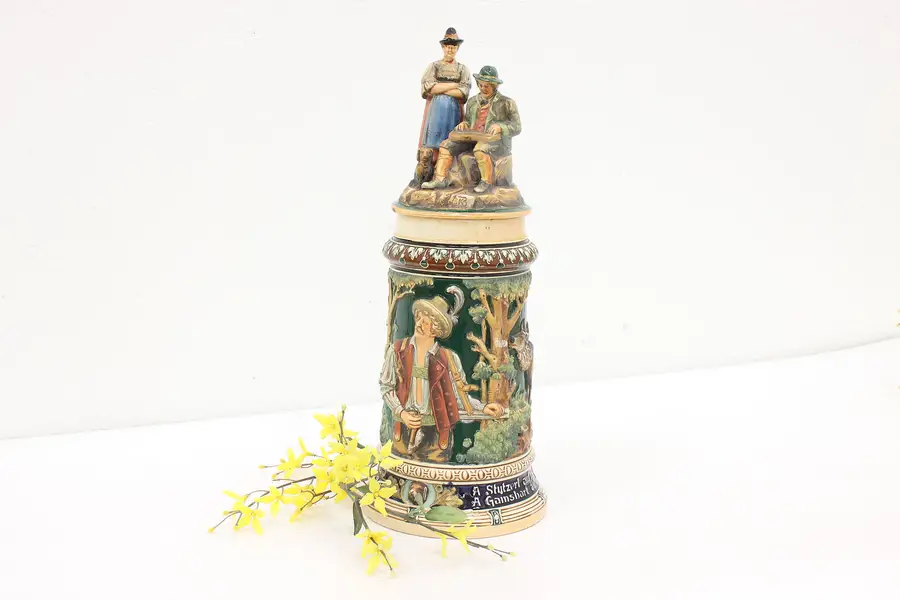 Photo of German Folk Art Antique Liter Beer Stein or Mug, Painted Hunter & Animals