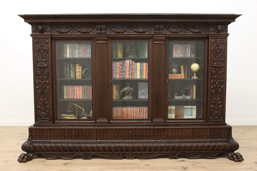 Photo of Italian Renaissance Antique Oak Office Library Bookcase, Paw Feet