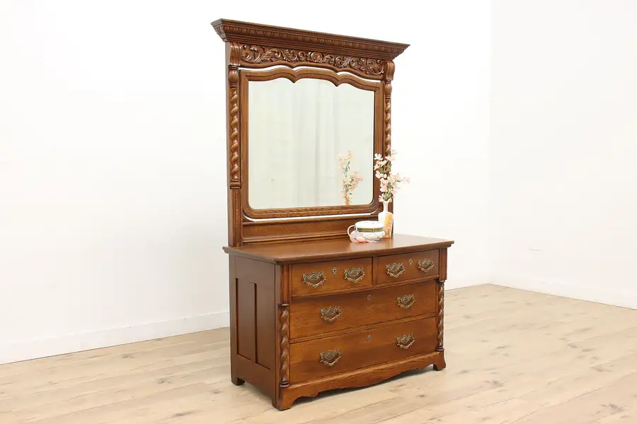 Photo of Victorian Antique Carved Oak 4 Drawer Chest or Dresser with Mirror