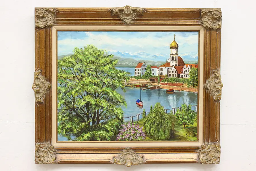 Photo of Danube River Czech Scene Vintage Original Oil Painting, Lubans 36.5"