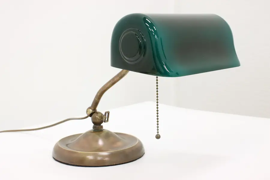 Photo of Emerald Glass Shade Office, Library, Banker Antique Desk Lamp, Verdelite