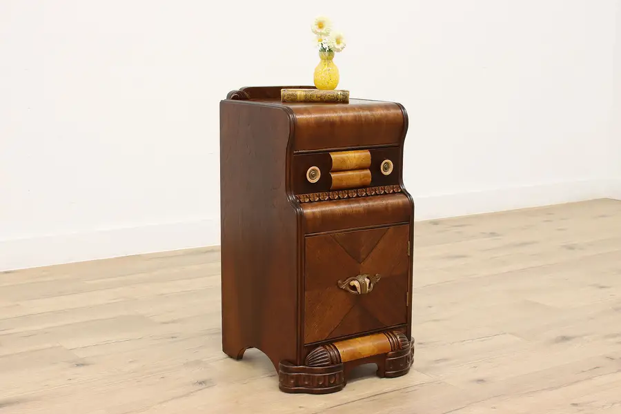 Photo of Art Deco 1930s Vintage Waterfall Nightstand, Side or End Table, Bakelite