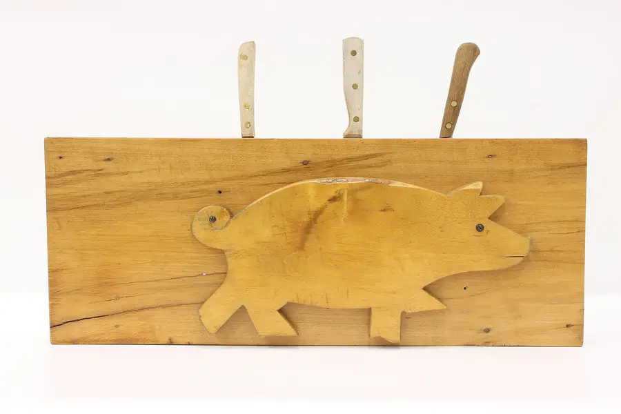 Photo of Farmhouse Vintage Folk Art Wall Hanging Knife Block, Carved Pig
