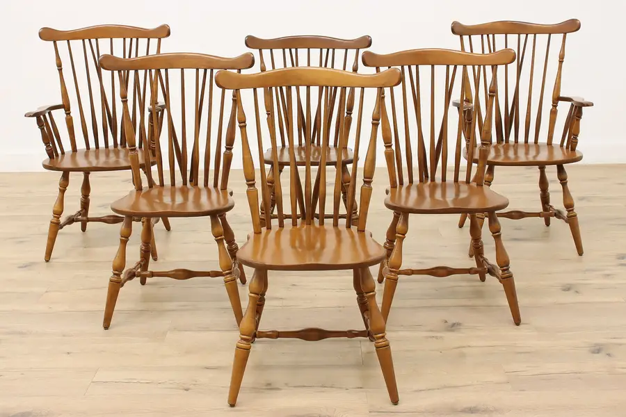 Photo of Set of 6 Windsor Vintage Birch Farmhouse Dining Chairs, Heywood Wakefield