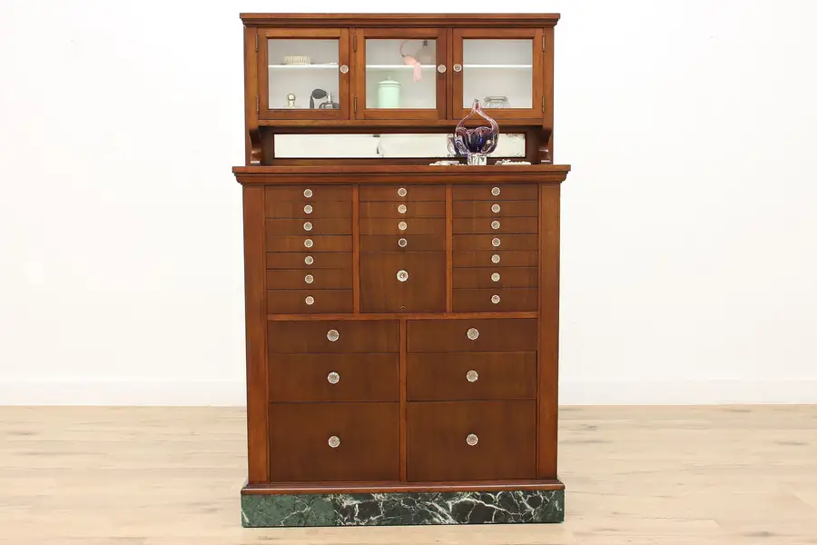 Photo of Dentist Antique Mahogany Dental, Jewelry, or Collector Cabinet, Marble