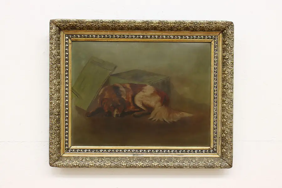 Photo of Victorian Stray Dog Portrait Antique Original Oil Painting 31.5"