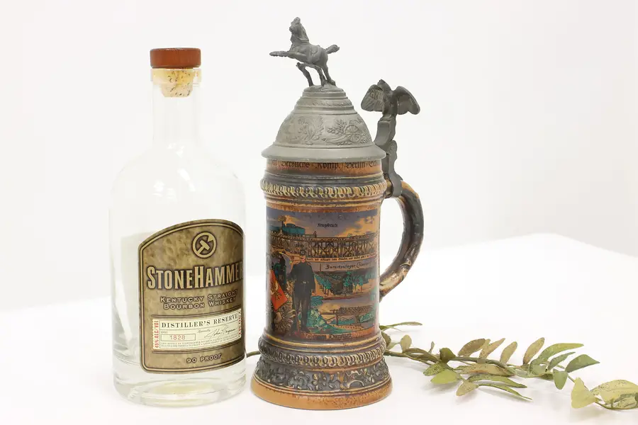 Photo of German 1909 Vintage Military Memento Liter Stein or Mug Horse Finial Gerz