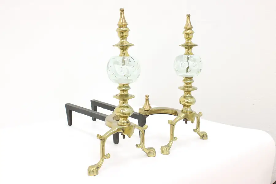 Photo of Pair of Vintage Brass & Glass Paperweight Fireplace Hearth Andirons