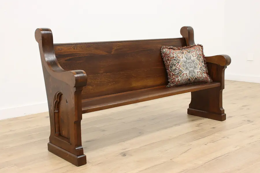 Photo of Gothic Carved Antique Ash & Elm Church Pew or Hall Bench