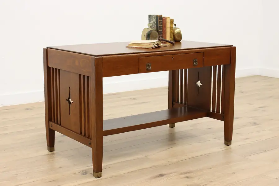 Photo of Arts & Crafts Mission Oak Antique Library or Office Table, Daisy