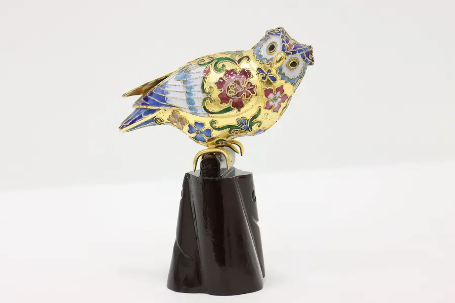 Photo of Chinese Cloisonne Traditional Vintage Inlaid Enamel Owl on Perch