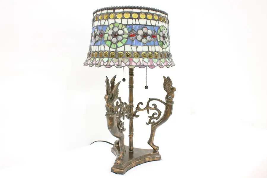 Photo of Classical Vintage Lamp, Stained Glass Shade, Gargoyle Base