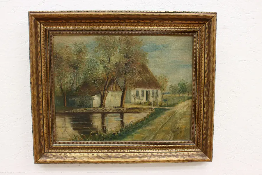 Photo of Antique Oil Painting of Cottages and Pond, Signed 24"
