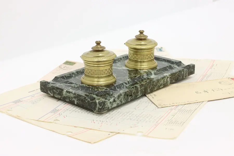 Photo of French Antique Marble & Embossed Bronze Desk Inkwell