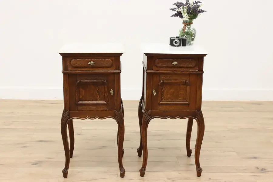 Photo of Pair of French Antique Oak Nightstands, End Tables, Marble Tops