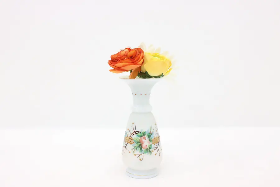Photo of Victorian Antique Blown Opal Glass Vase, Raised Enamel
